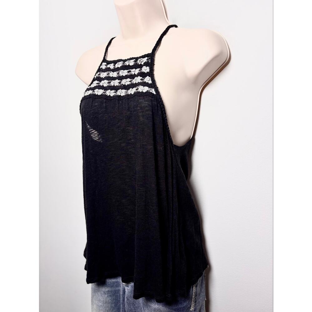 Black Semi Sheer High Neck Tank Top White Crochet Yoke Indie